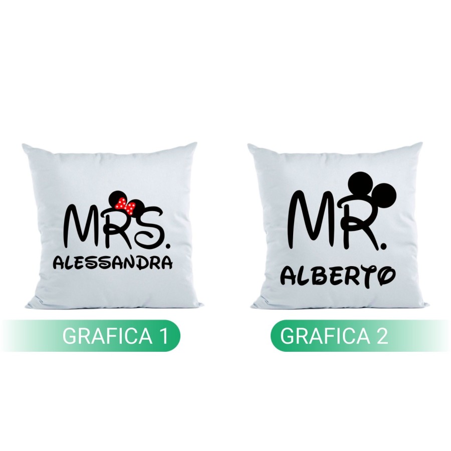 Coppia di cuscini personalizzabili con nomi mr and mrs con orecchie Love
