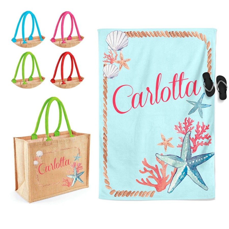 Coordinato telo e borsa mare personalizzato con nome corallo Summer