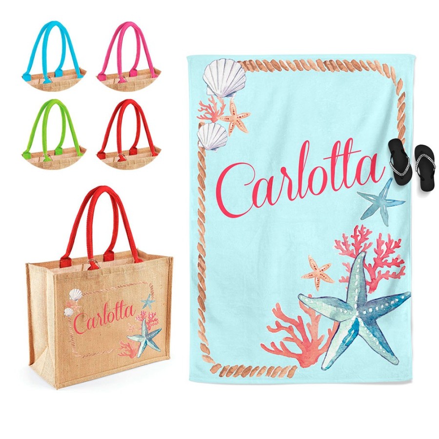 Coordinato telo e borsa mare personalizzato con nome corallo Summer