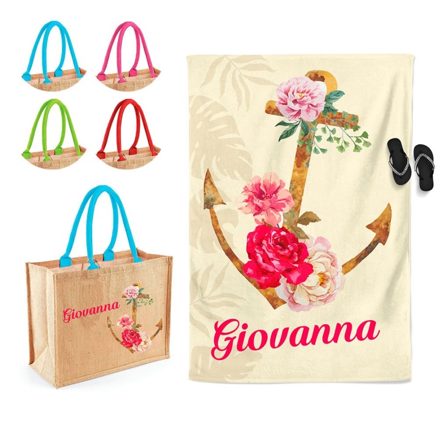 Coordinato telo e borsa mare personalizzato con nome ancora Summer