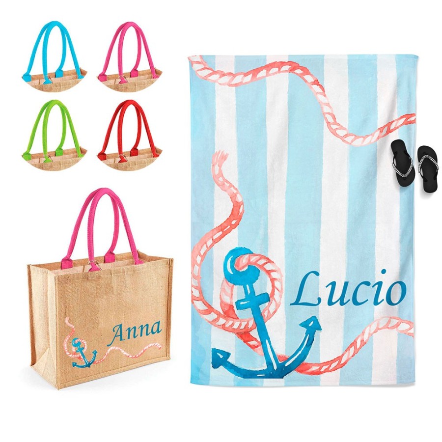 Coordinato telo e borsa mare personalizzato con nome ancora watercolor Summer