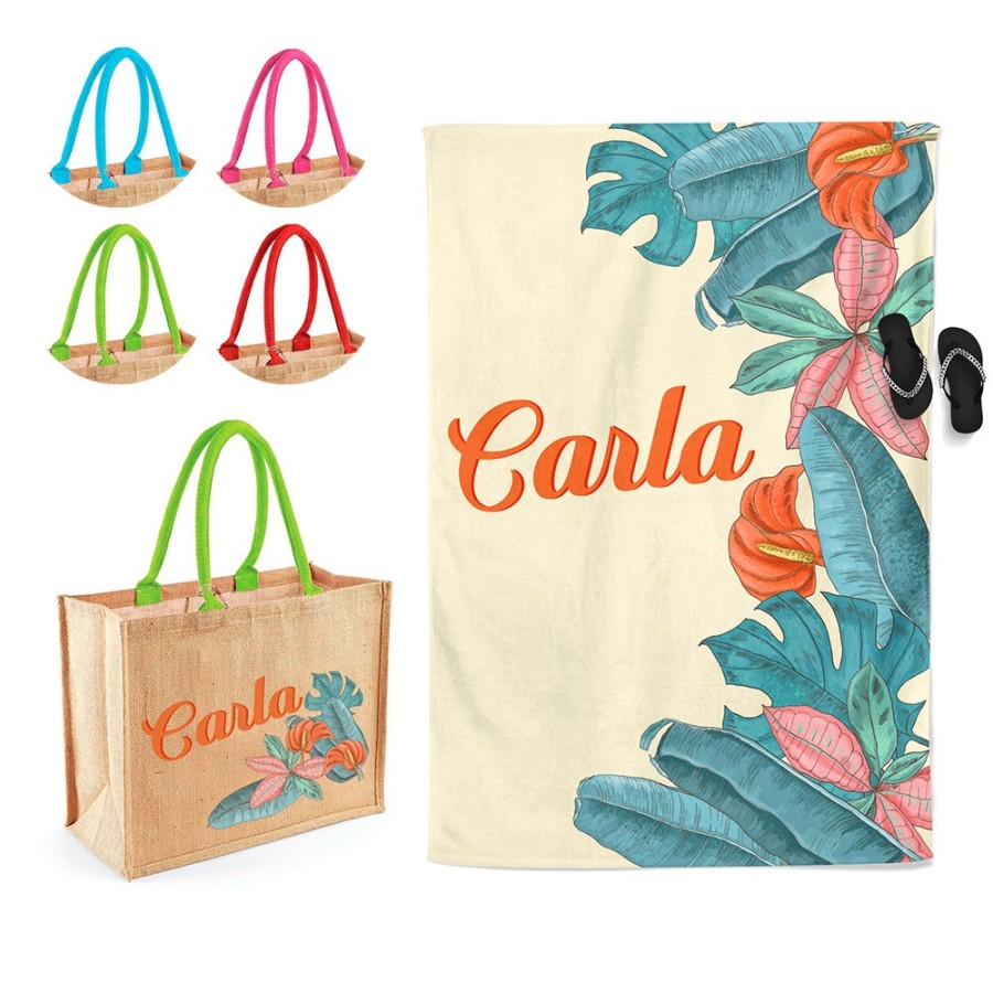 Coordinato telo e borsa mare personalizzato con nome fiori e foglie  Summer