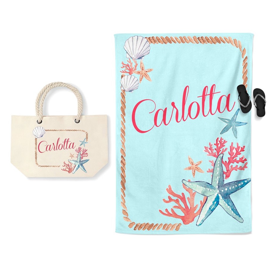 Coordinato telo e borsa mare personalizzato con nome corallo Summer