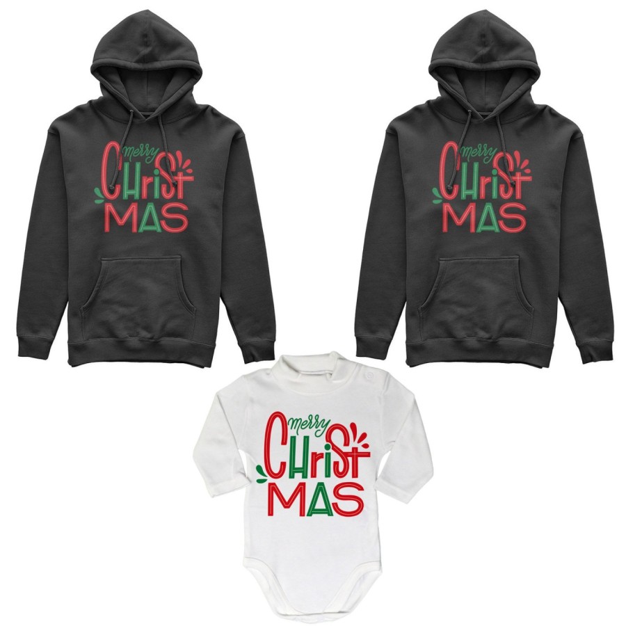 Tris felpe o body lupetto neonato per la famiglia personalizzabile con nomi merry christmas colorful Natale