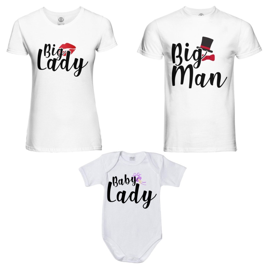 Tris t-shirt adulti e body neonato big man big lady baby boy baby lady Per la famiglia