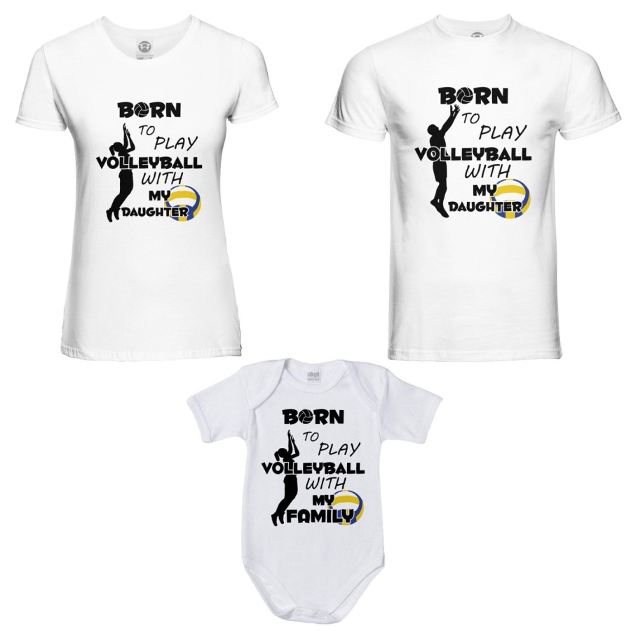 Tris t-shirt adulti e body neonato born to play volleyball with my son my daughter Per la famiglia