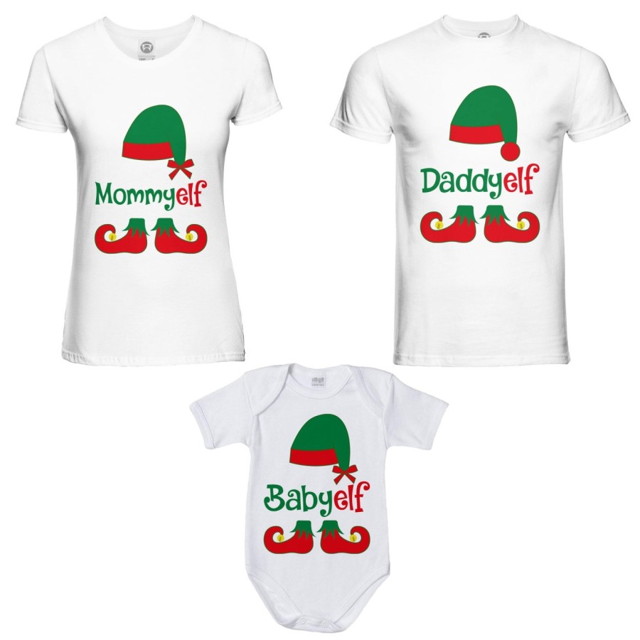 Tris t-shirt e body neonato per la famiglia personalizzabile con nome daddy elf mommy elf baby elf Natale