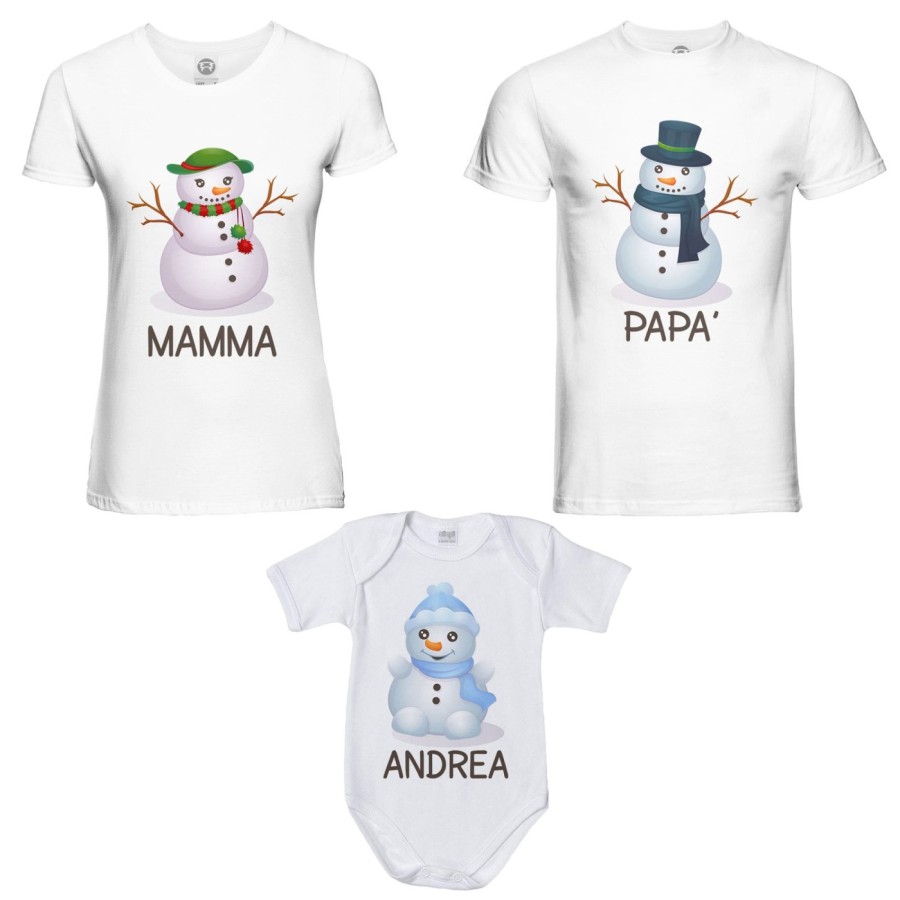 Tris t-shirt e body neonato per la famiglia personalizzabile con nomi pupazzi di neve Natale