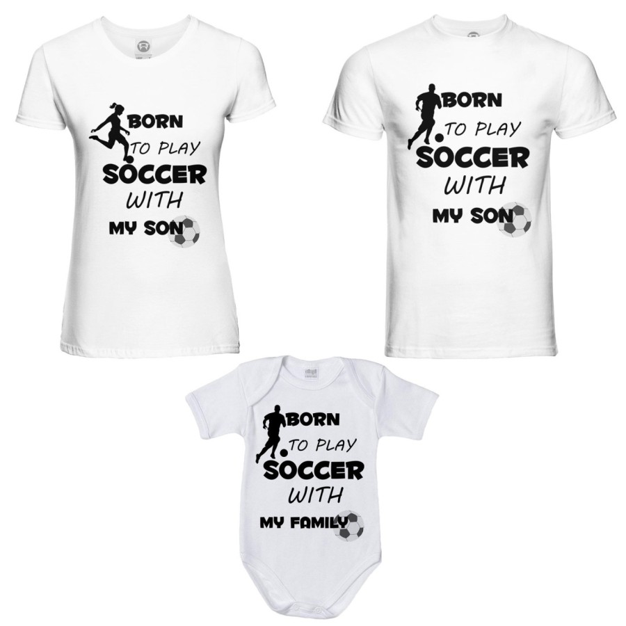 Tris t-shirt adulti e body neonato born to play soccer with my son my daughter Per la famiglia