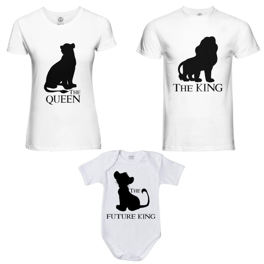 Tris t-shirt adulti e body neonato the king the queen the future king lion Per la famiglia