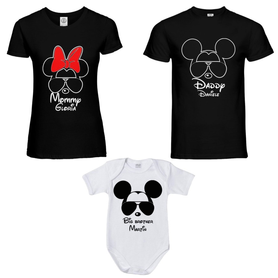 Tris t-shirt adulti body personalizzato con nome daddy mickey mommy minnie little brother mickey Per la famiglia