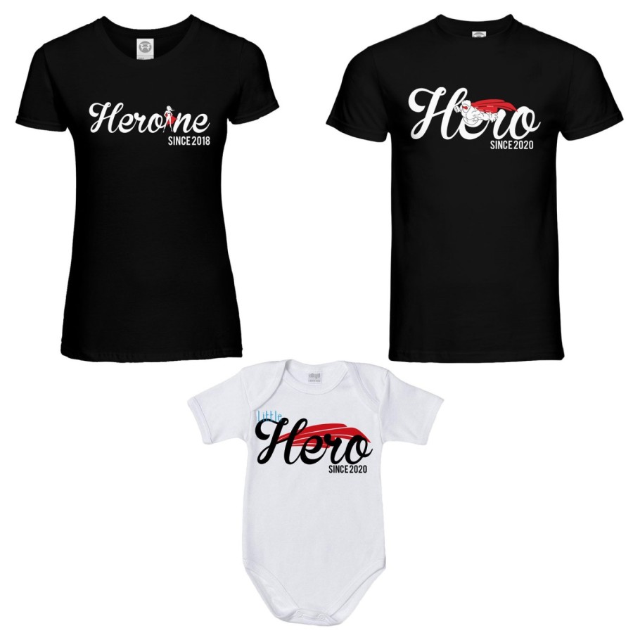 Tris t-shirt adulti body personalizzato con anno hero since heroine since little hero since Per la famiglia