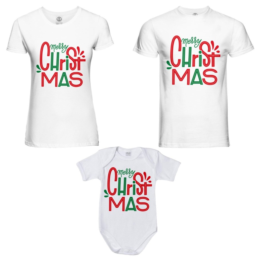 Tris t-shirt e body neonato per la famiglia personalizzabile con nomi merry christmas colorful Natale