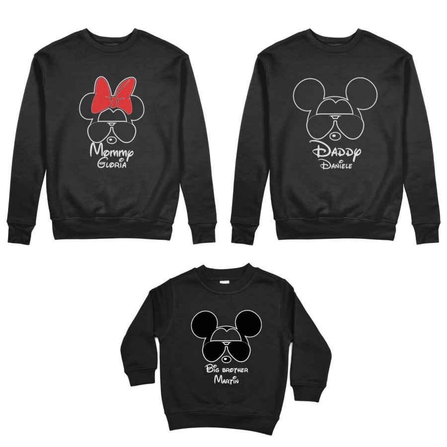 Tris felpe adulti bambino personalizzato con nome daddy mickey mommy minnie little brother mickey Per la famiglia