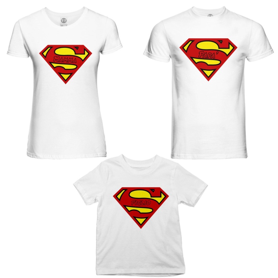 Tris t-shirt adulti bambino super papà super mamma super figlia super figlio Per la famiglia