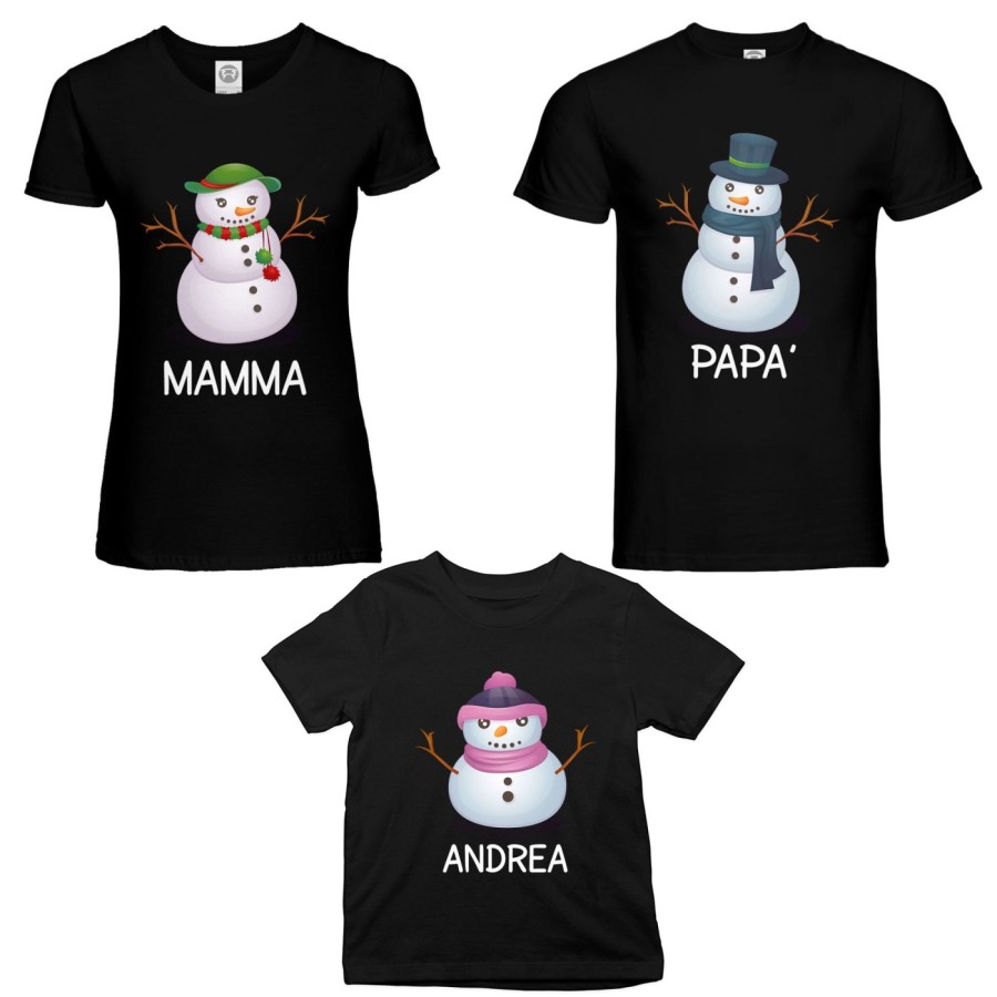 Tris t-shirt per la famiglia personalizzabile con nomi pupazzi di neve Natale