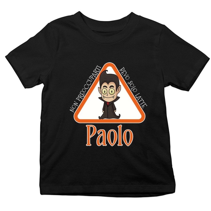 T-shirt bambino personalizzata con nome non preoccuparti bevo solo latte Halloween