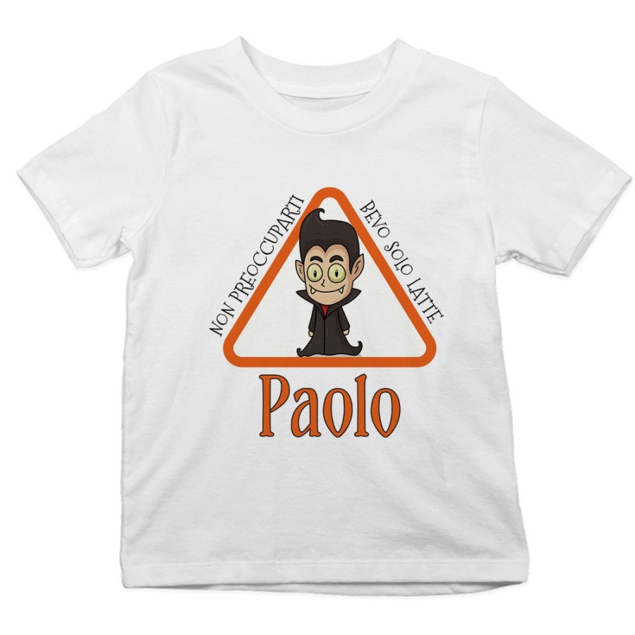 T-shirt bambino personalizzata con nome non preoccuparti bevo solo latte Halloween