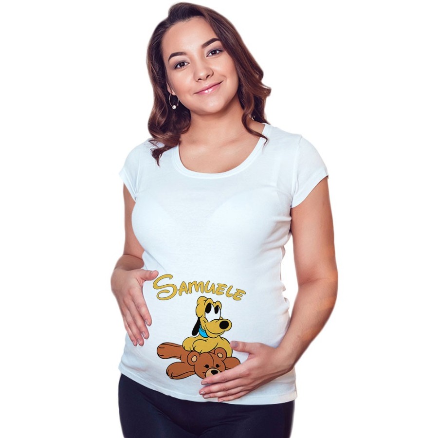 Maglia premaman personalizzata con nome pluto con orsetto Cartoon