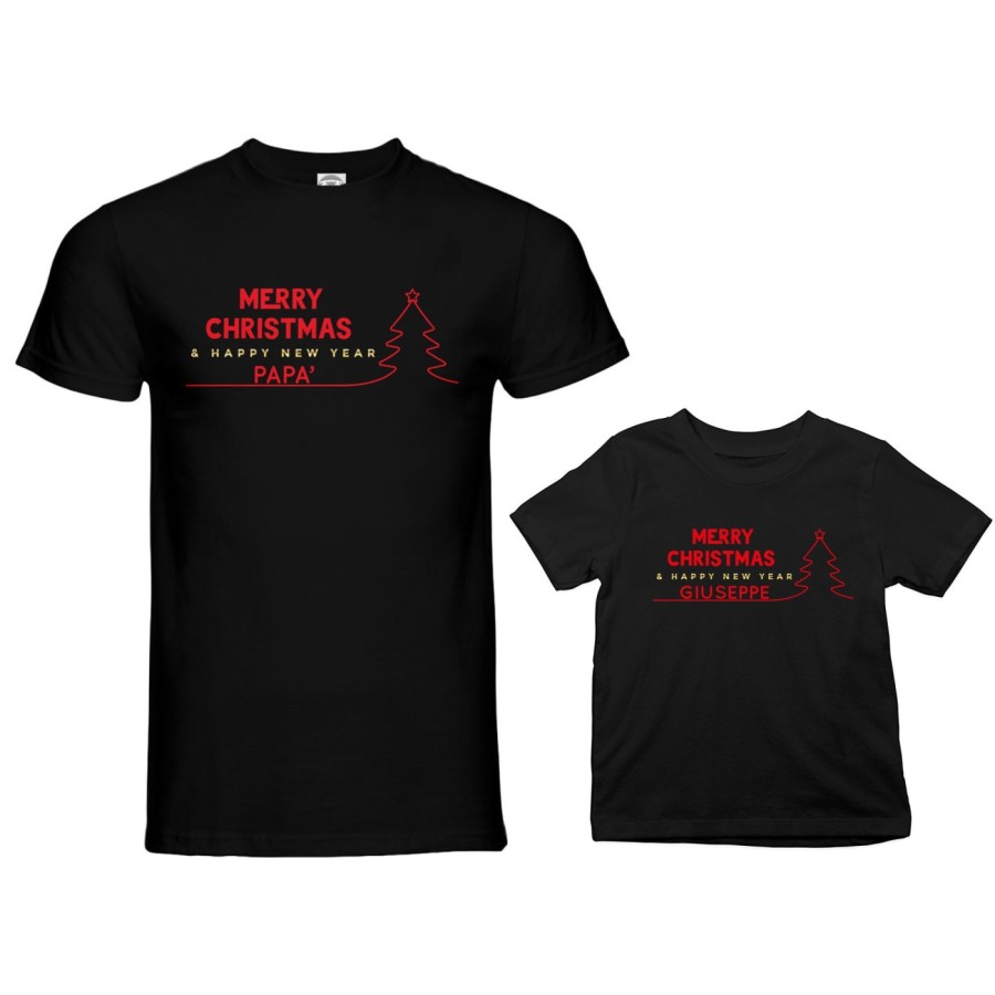 Coordinato t-shirt padre figlio personalizzato con nome merry christmas and happy new year Natale