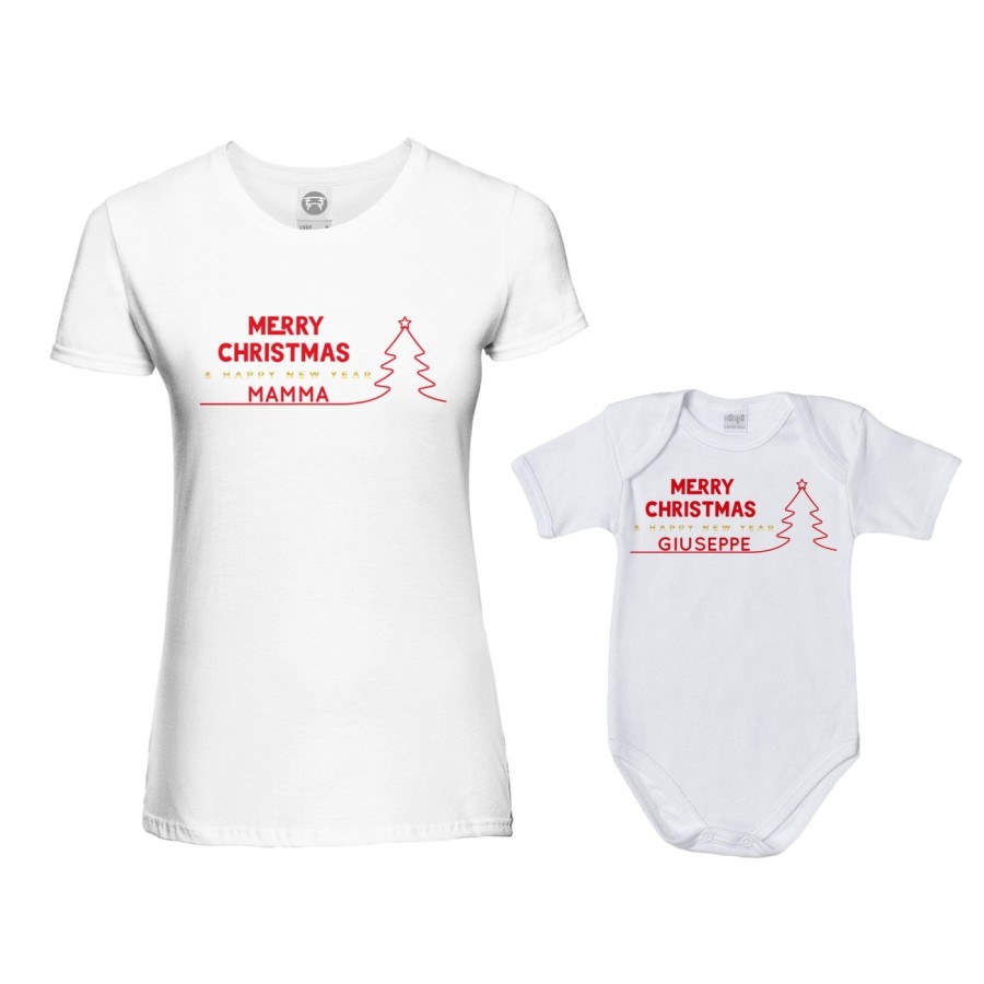 Coordinato t-shirt body madre figlio personalizzato con nome merry christmas and happy new year Natale