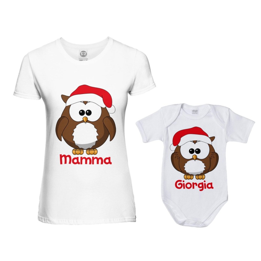 Coordinato t-shirt e body neonato madre figlio personalizzato con nome gufetti natalizi Natale