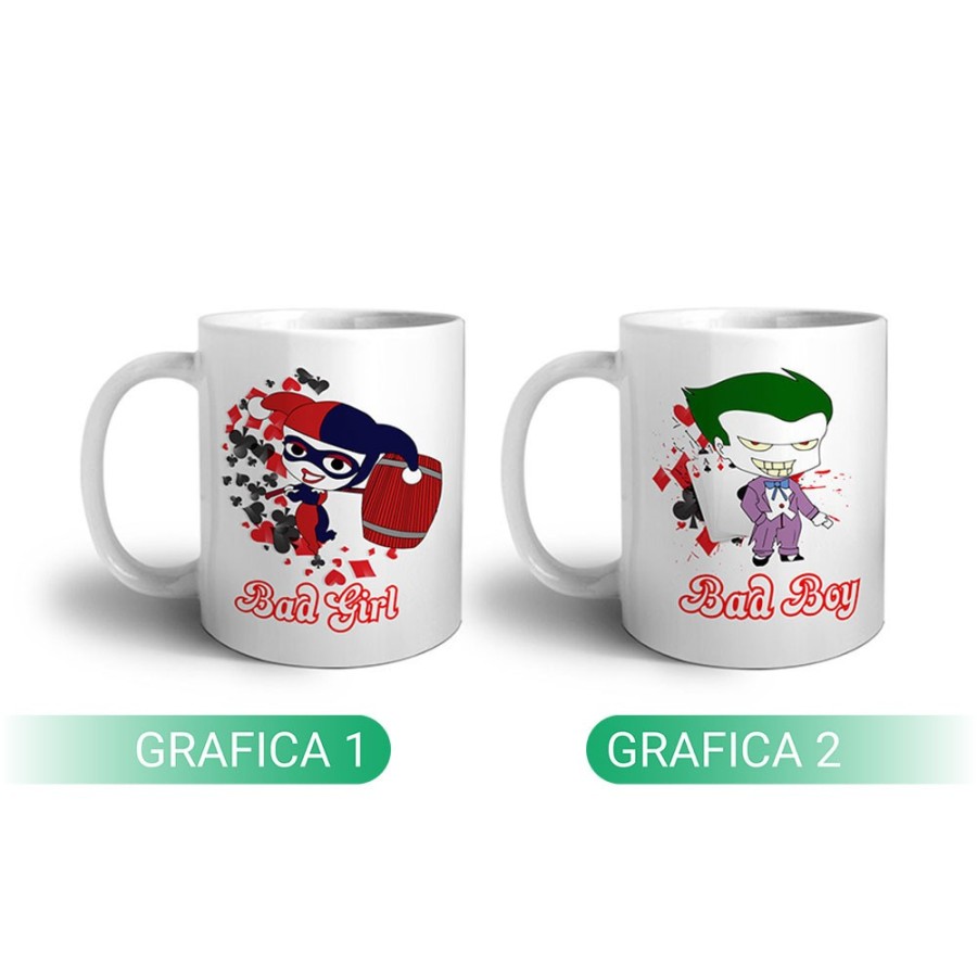 Coppia di tazze personalizzabili con nomi harley quinn bad girl e joker bad boy Love