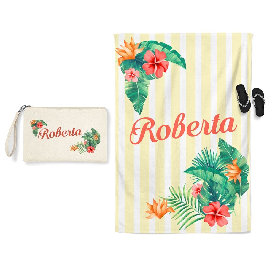 Coordinato telo e pochette mare personalizzato con nome fiori tropicali  Summer