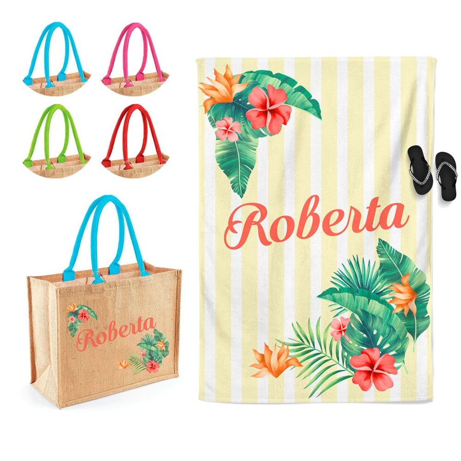 Coordinato telo e borsa mare personalizzato con nome fiori tropicali  Summer