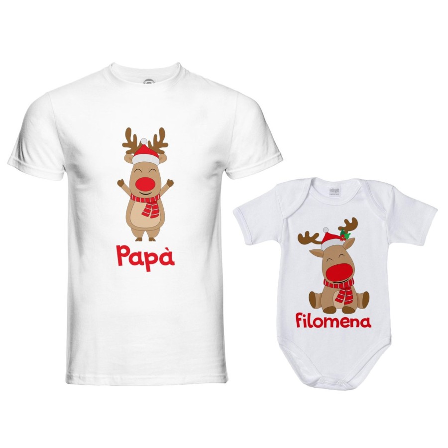 Coordinato t-shirt e body neonato padre figlio personalizzabile con nome rudolph family Natale