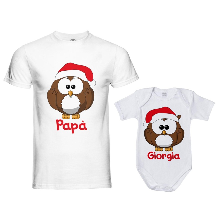 Coordinato t-shirt e body neonato padre figlio personalizzato con nome gufetti natalizi Natale