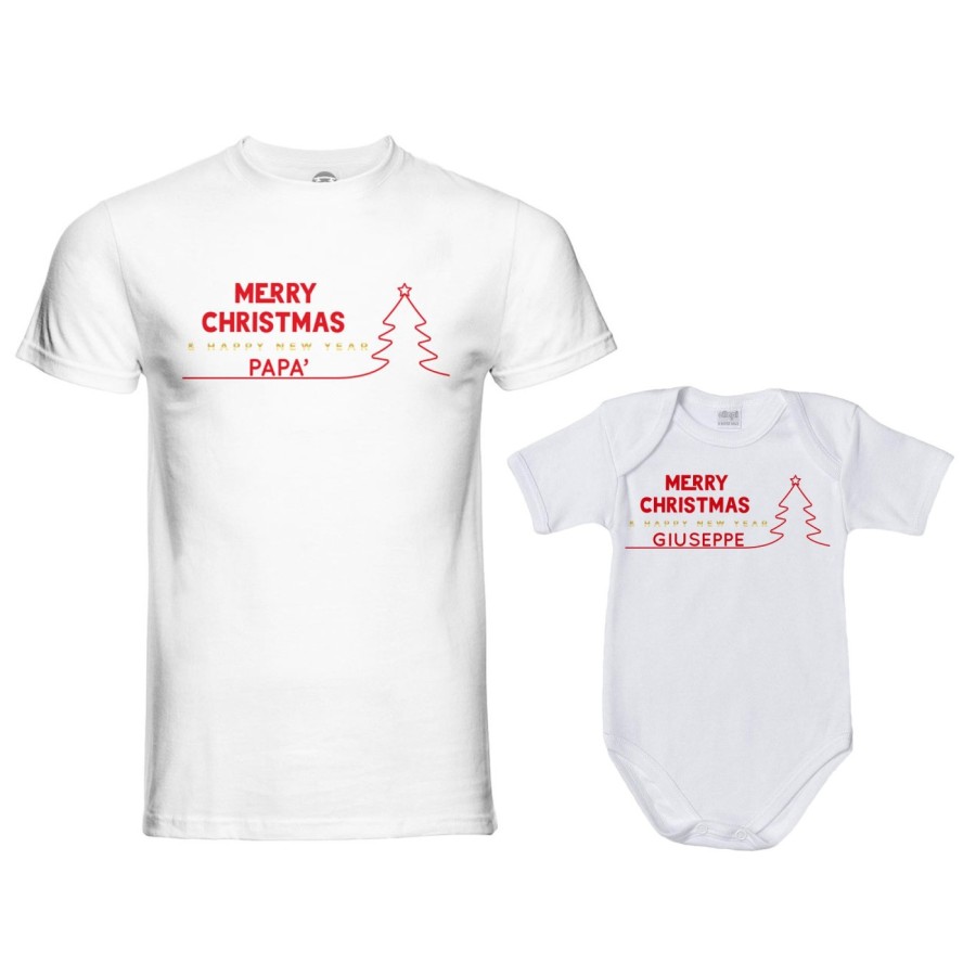 Coordinato t-shirt body padre figlio personalizzato con nome merry christmas and happy new year Natale