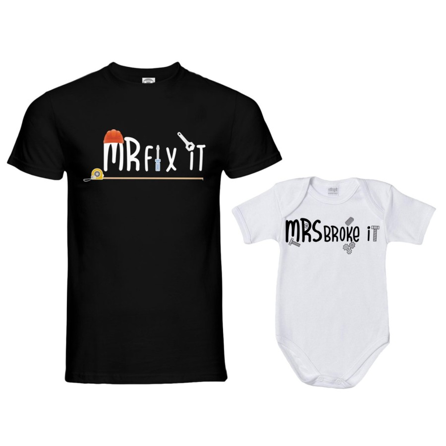 Coordinato t-shirt e body neonato padre figlio mr fix it mr broke it mrs broke it Per il papà