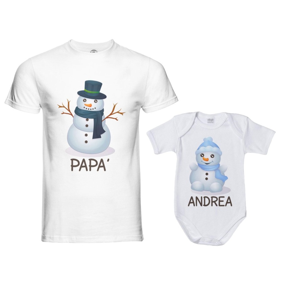 Coordinato t-shirt e body neonato padre figlio personalizzabile con nomi pupazzi di neve Natale