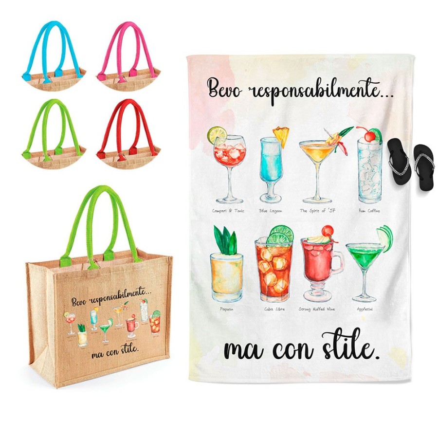 Coordinato telo e borsa mare personalizzabile con nome bevo responsabilmente... ma con stile Cocktail