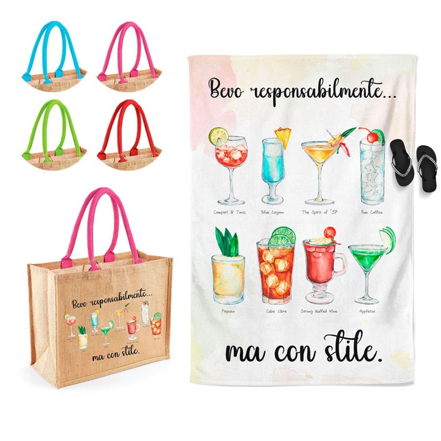 Coordinato telo e borsa mare personalizzabile con nome bevo responsabilmente... ma con stile Cocktail