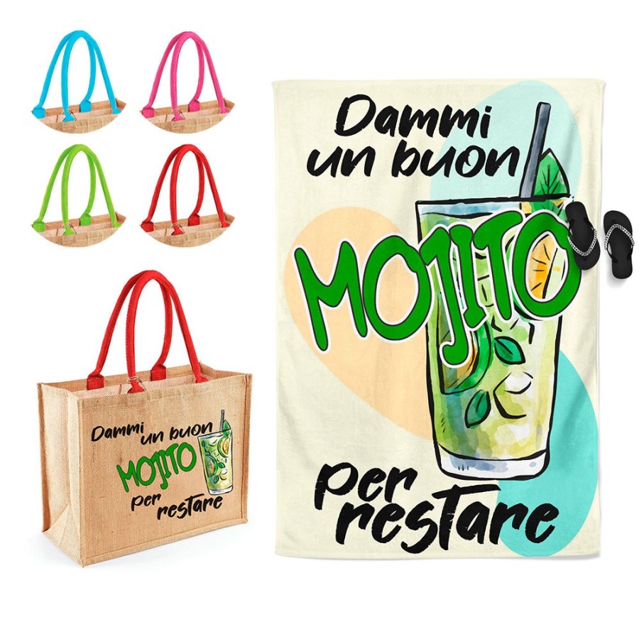 Coordinato telo e borsa mare personalizzabile con nome dammi un buon mojito per restare Cocktail