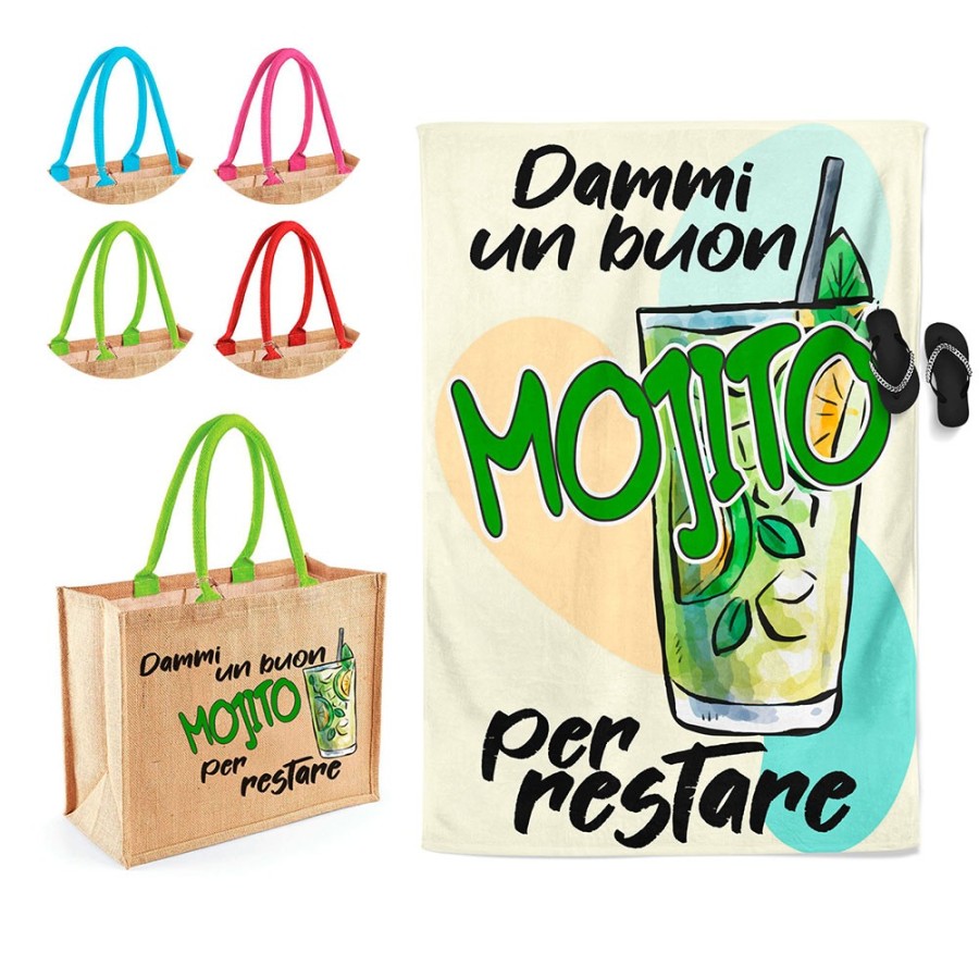 Coordinato telo e borsa mare personalizzabile con nome dammi un buon mojito per restare Cocktail