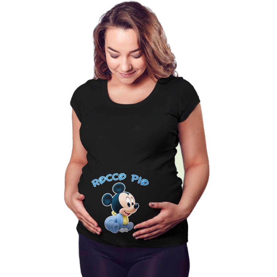 Maglia premaman personalizzata con nome baby topolino seduto Cartoon