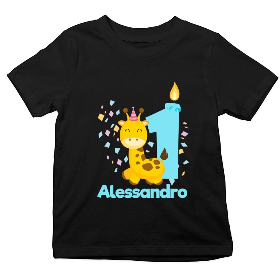 T-shirt bambino personalizzata con nome festa a tema giraffa e coriandoli Compleanno