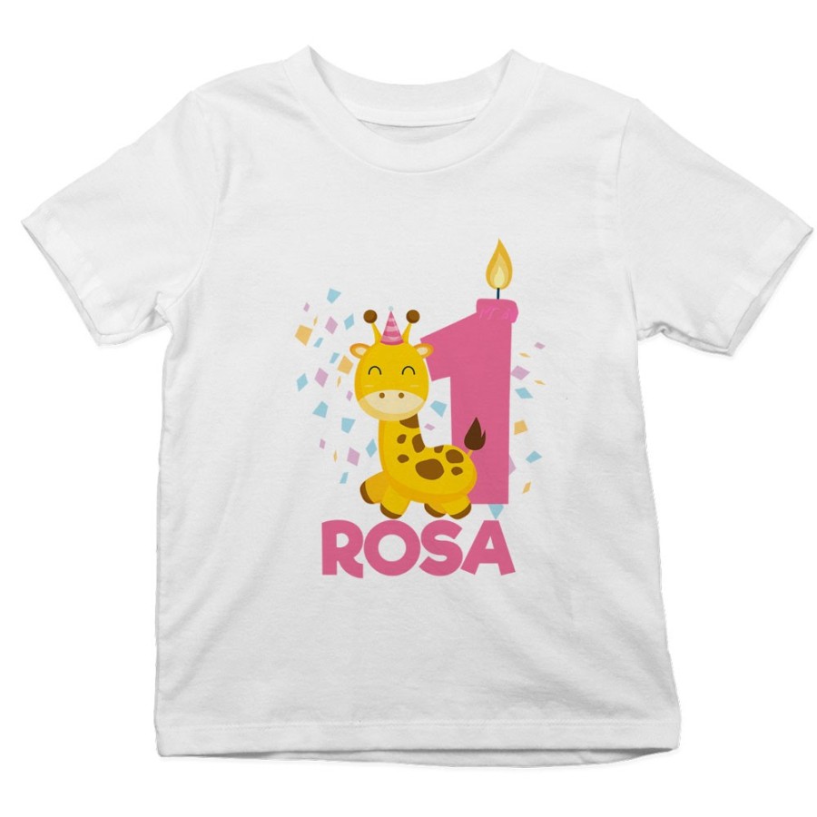 T-shirt bambino personalizzata con nome festa a tema giraffa e coriandoli Compleanno