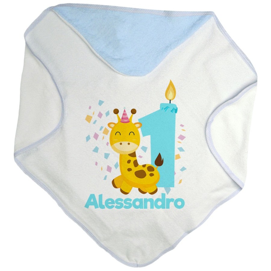 Accappatoio neonato personalizzato con nome festa a tema giraffa e coriandoli Compleanno