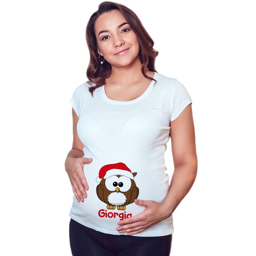 Maglia premaman personalizzata con nome gufetto Natale