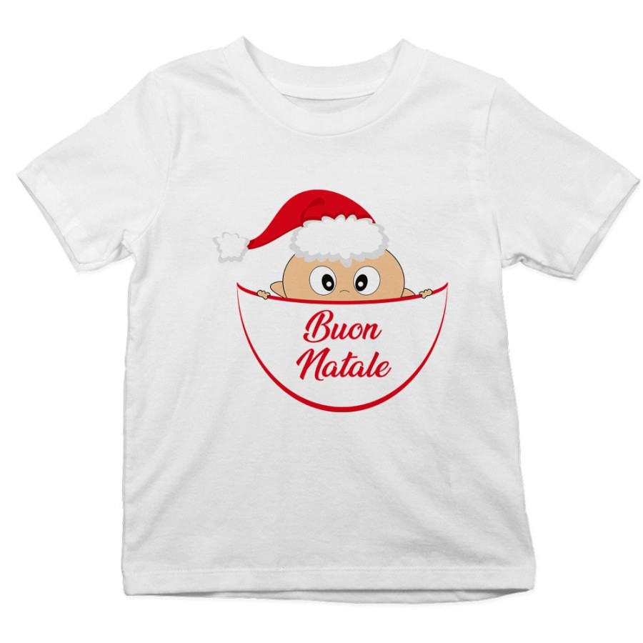 T-shirt bambino che esce dalla tasca con cappello di babbo natale buon natale Natale