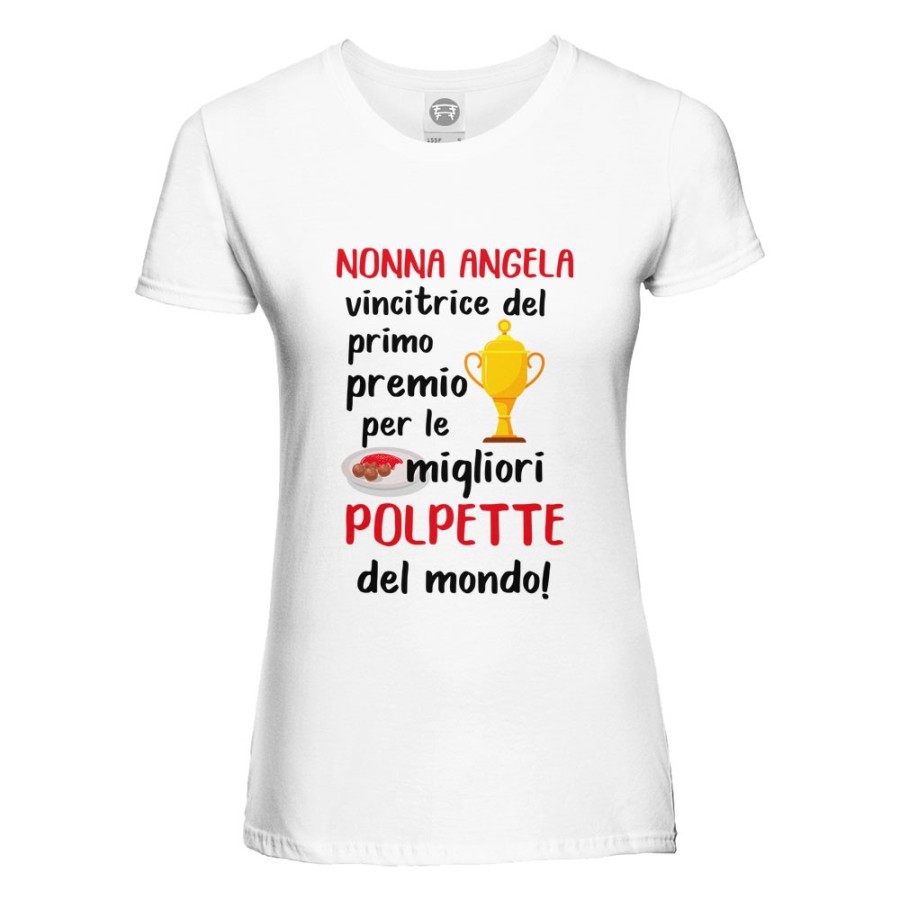 T-shirt donna personalizzata con nome nonna vincitrice del primo premio per le migliori polpette Per i nonni