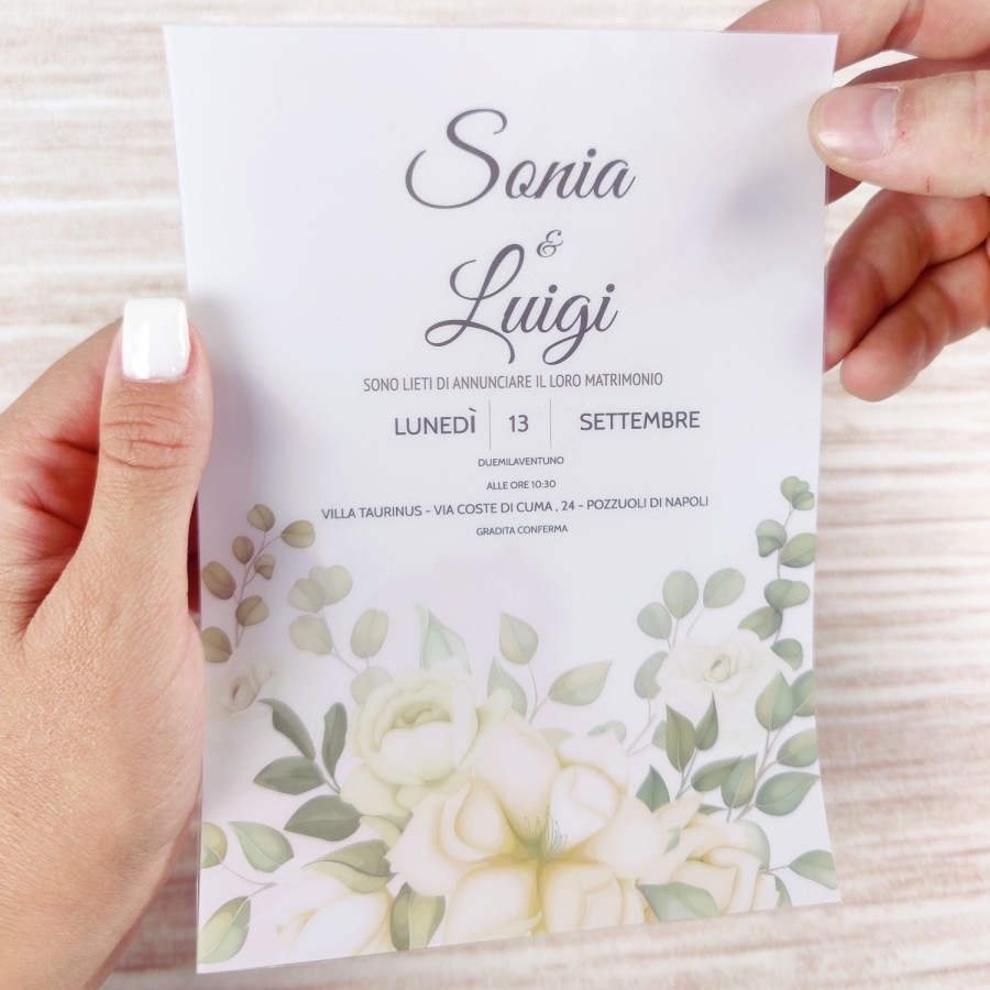 Partecipazione matrimonio peonie gialle e fondo watercolor in pvc riciclato Sposi