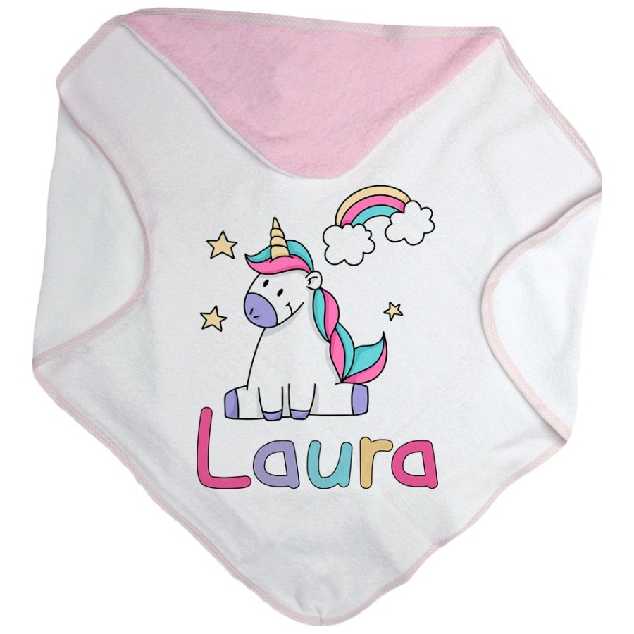 Accappatoio neonato personalizzato con nome unicorno con arcobaleno e stelle Unicorni