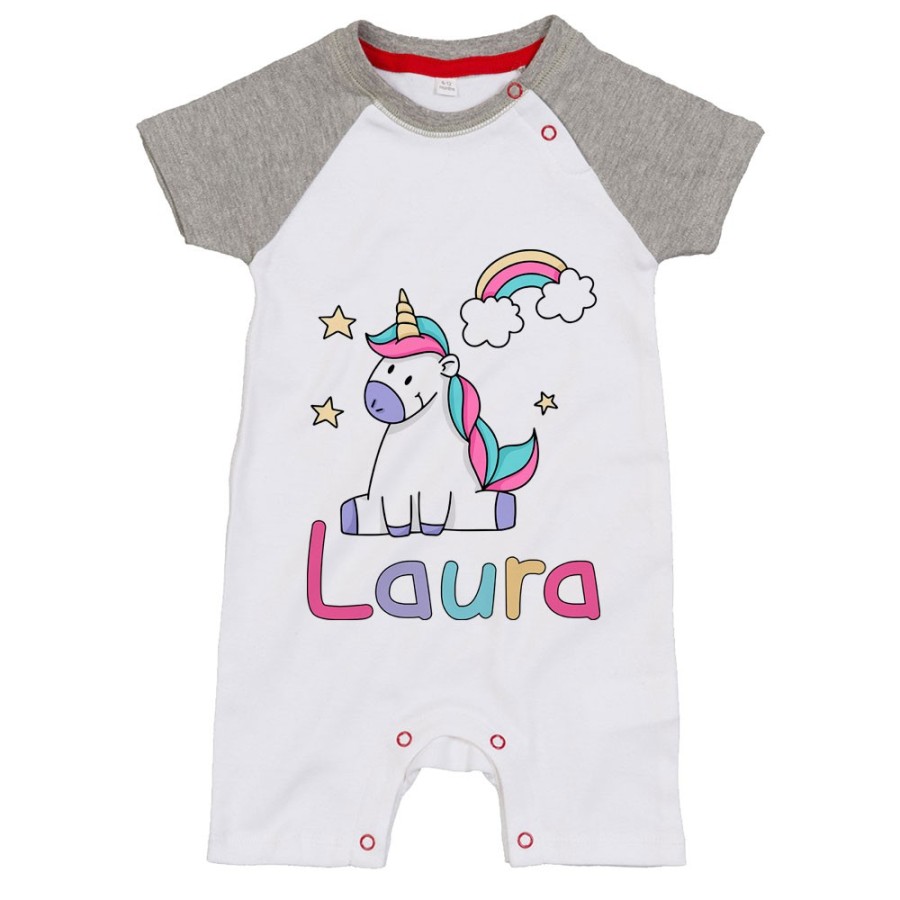 Pagliaccetto neonato personalizzato con nome unicorno con arcobaleno e stelle Unicorni