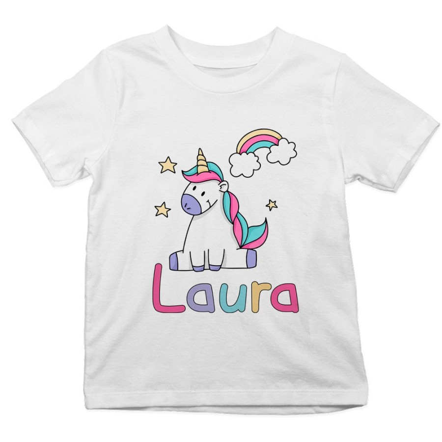 T-shirt bambino personalizzata con nome unicorno con arcobaleno e stelle Unicorni