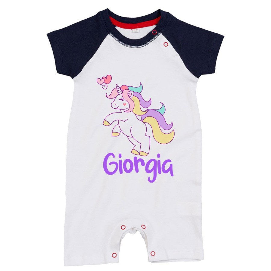 Pagliaccetto neonato personalizzato con nome unicorno con cuoricini Unicorni